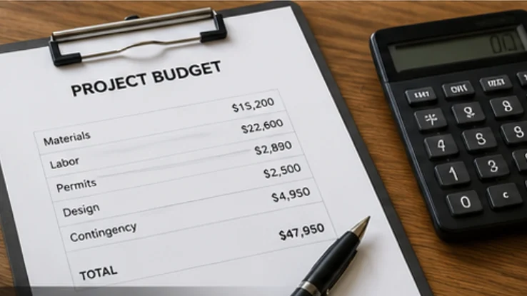 A printed project budget worksheet beside a calculator