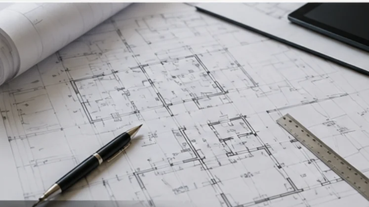 Residential floor plan drawings laid out on a work surface with a scale rule and pen