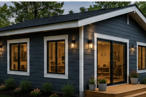 Detached accessory dwelling unit with dark lap siding and a wood deck entry