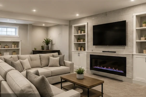 Finished lower level with built in shelving, a linear fireplace and a wall mounted television