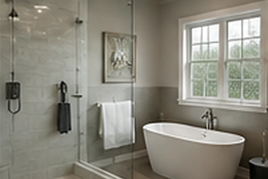 Remodeled bathroom with a tiled walk in shower and freestanding tub