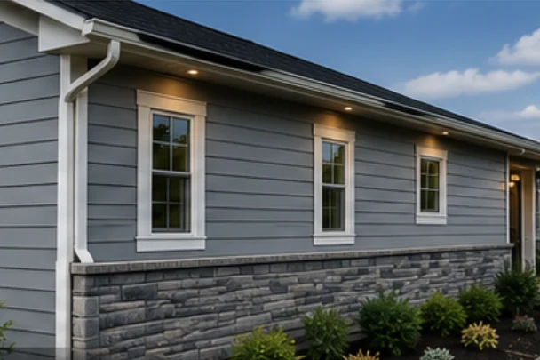 Home exterior combining lap siding with a stone veneer skirt and new gutters