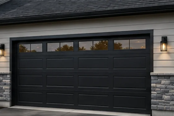Garage elevation with a carriage style door, stone columns and coach lighting