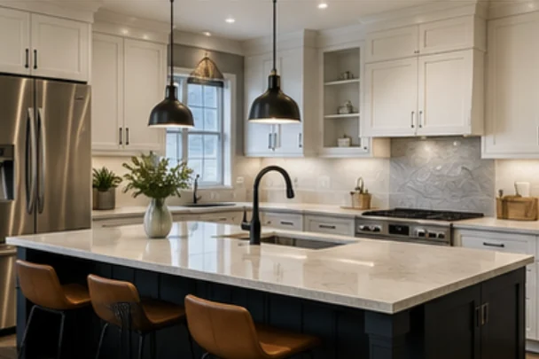 Kitchen with a dark island, counter seating, quartz tops and pendant lighting