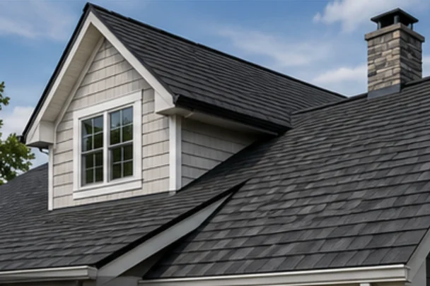 Roofline with architectural shingles across multiple gables and a stone chimney