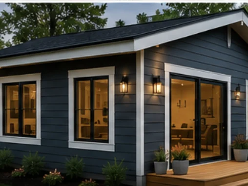 Detached accessory dwelling unit with dark lap siding, large windows and a wood deck entry
