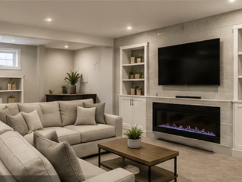 Finished basement living area with built in cabinetry, a linear fireplace and recessed lighting