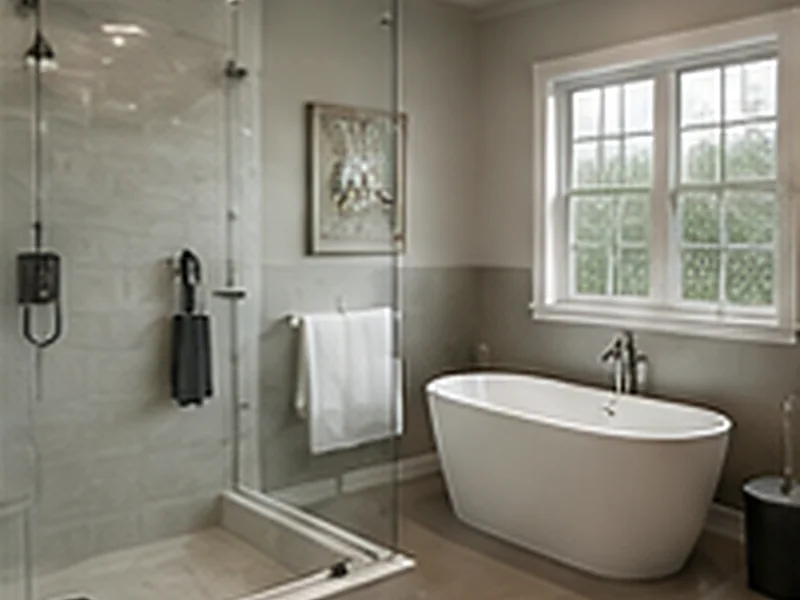 Remodeled bathroom with a glass shower enclosure and freestanding tub