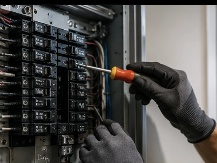Electrician working inside an open residential electrical panel