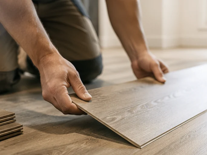 Installer setting a plank of wood look flooring into place over a prepared subfloor