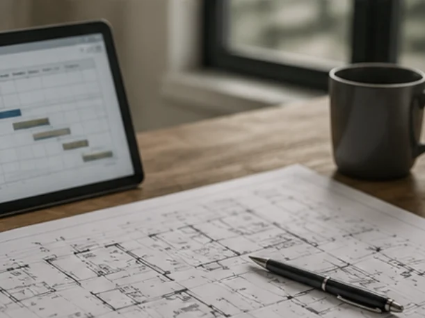Floor plan drawings and a project schedule on a tablet during preconstruction planning