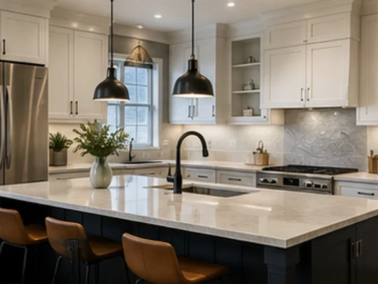 Remodeled kitchen with a dark island, quartz counters, pendant lighting and full height shaker cabinetry
