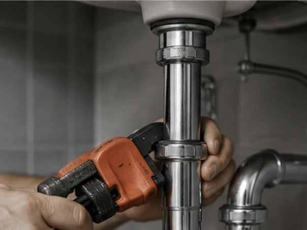 Plumber tightening a P trap under a sink with a pipe wrench