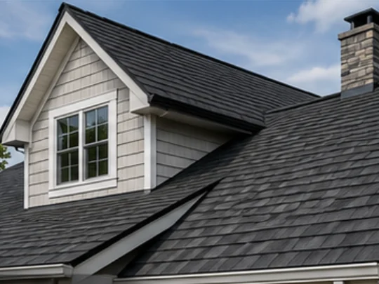 Residential roof with architectural asphalt shingles, a dormer, stone chimney and seamless gutters