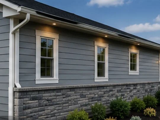 Home exterior with lap siding, a stone veneer skirt, white window trim and soffit lighting